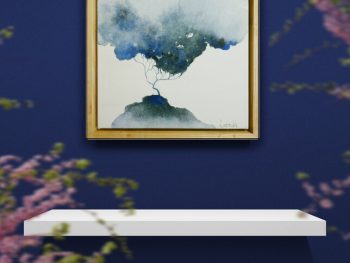 insitu - Night Tide original Australian atmospheric landscape artwork, deep blue indigo sky and solitary tree, ink on canvas, 25 x 25 cm, framed in natural oak.