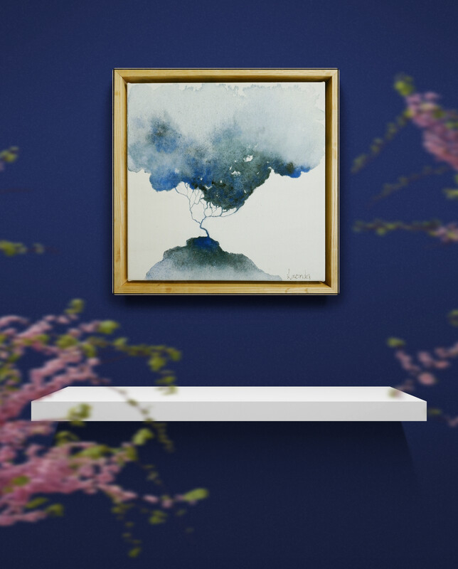 insitu - Night Tide original Australian atmospheric landscape artwork, deep blue indigo sky and solitary tree, ink on canvas, 25 x 25 cm, framed in natural oak.