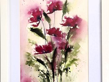 Red poppies watercolour on paper with loose expressive brushwork, presented in a simple ready to hang frame