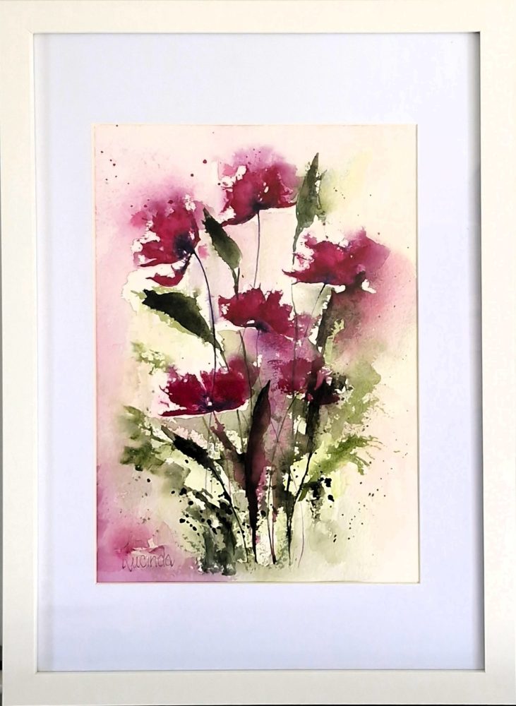 Red poppies watercolour on paper with loose expressive brushwork, presented in a simple ready to hang frame