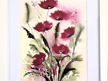 Red poppies watercolour on paper with loose expressive brushwork, presented in a simple ready to hang frame