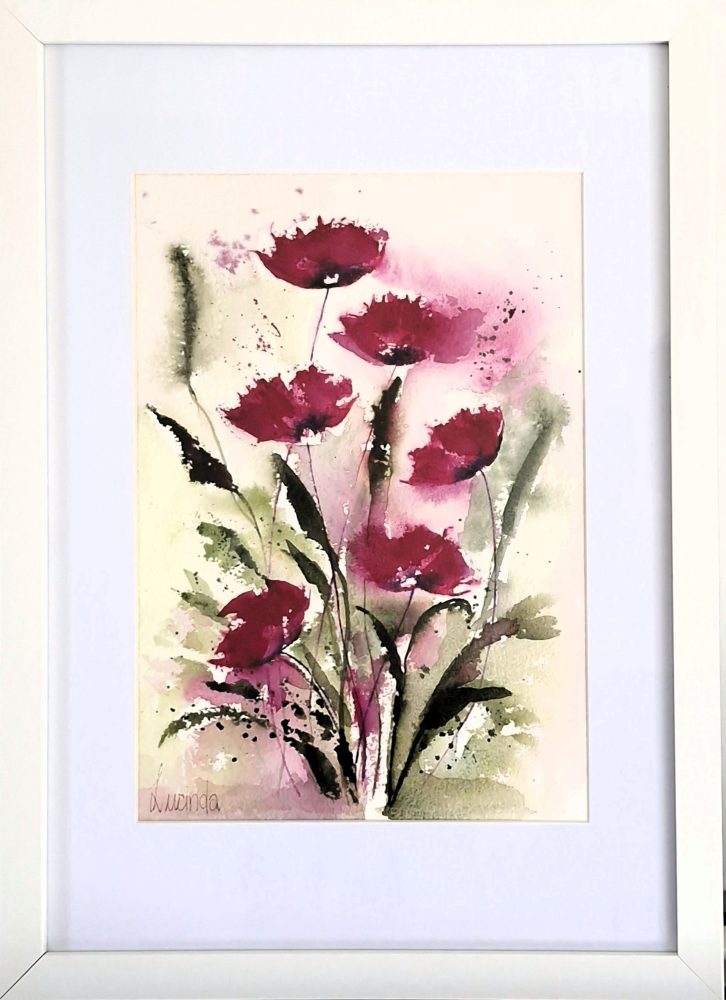 Red poppies watercolour on paper with loose expressive brushwork, presented in a simple ready to hang frame