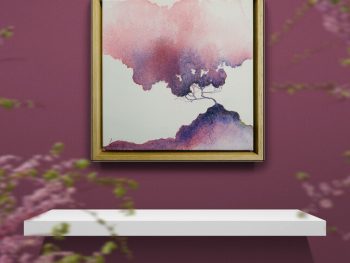 insitu -Rose Cloud original Australian atmospheric landscape artwork, rose pink sky and solitary tree, ink on canvas, 25 x 25 cm, framed in natural oak.