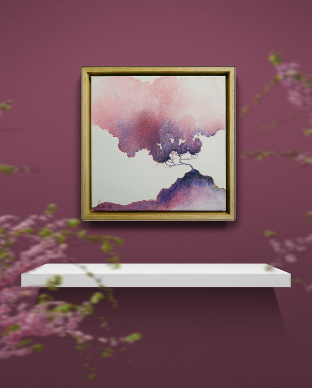 insitu -Rose Cloud original Australian atmospheric landscape artwork, rose pink sky and solitary tree, ink on canvas, 25 x 25 cm, framed in natural oak.
