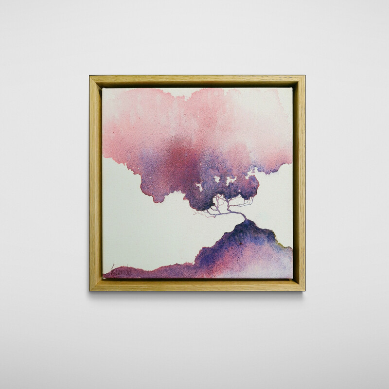Quiet landscape painting with tree, open distance and soft atmospheric clouds