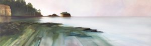 Silent Runes oil painting showing textured surface, muted tones, and water reflecting light and weather