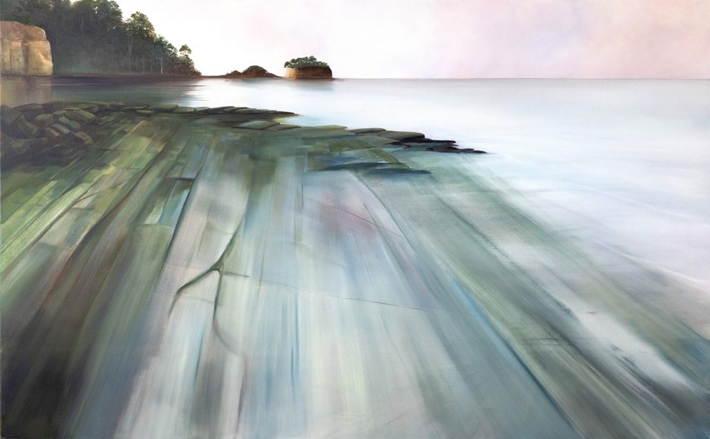 Silent Runes oil painting showing textured surface, muted tones, and water reflecting light and weather
