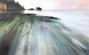 Silent Runes oil painting showing textured surface, muted tones, and water reflecting light and weather