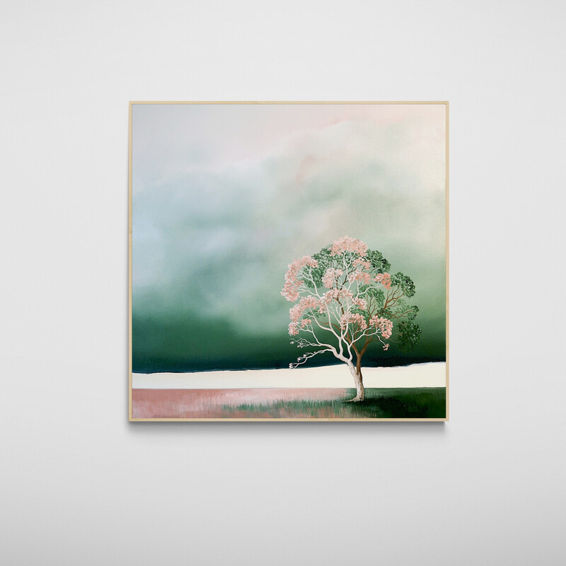 Quiet landscape painting with tree, open distance and soft atmospheric clouds