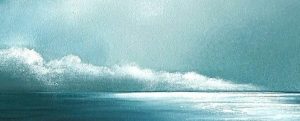Australian atmospheric seascape oil painting of a large dark cloud suspended over a minimal horizon, with soft tonal transitions and muted colours, expressing stillness, weight, and the holding of the breath in clouds, framed in oak.