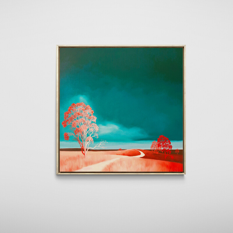 Atmospheric Australian tree landscape painting with open land and dramatic clouds