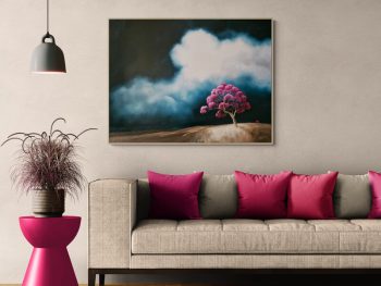 Atmospheric Australian landscape painting by Lucinda Leveille, pink flowering tree under dramatic sky,