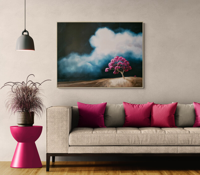 Atmospheric Australian landscape painting by Lucinda Leveille, pink flowering tree under dramatic sky,