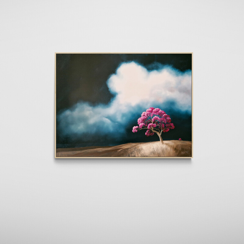 Atmospheric Australian tree landscape painting with open land and dramatic clouds