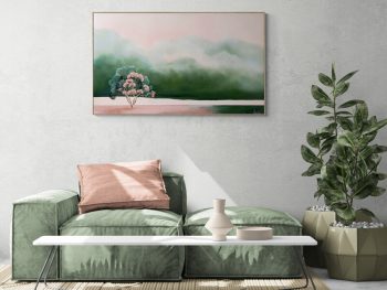 Atmospheric Australian landscape painting by Lucinda Leveille, flowering tree over pink earth and green field,