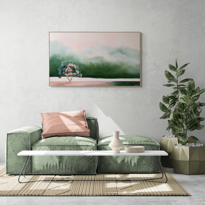 Atmospheric Australian landscape painting by Lucinda Leveille, flowering tree over pink earth and green field,
