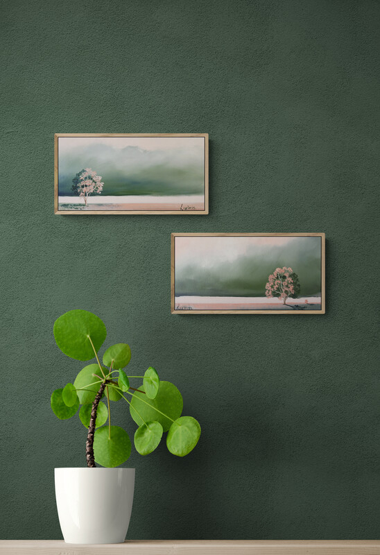 Small atmospheric Australian landscape painting by Lucinda Leveille, flowering tree and muted green sky, framed in oak