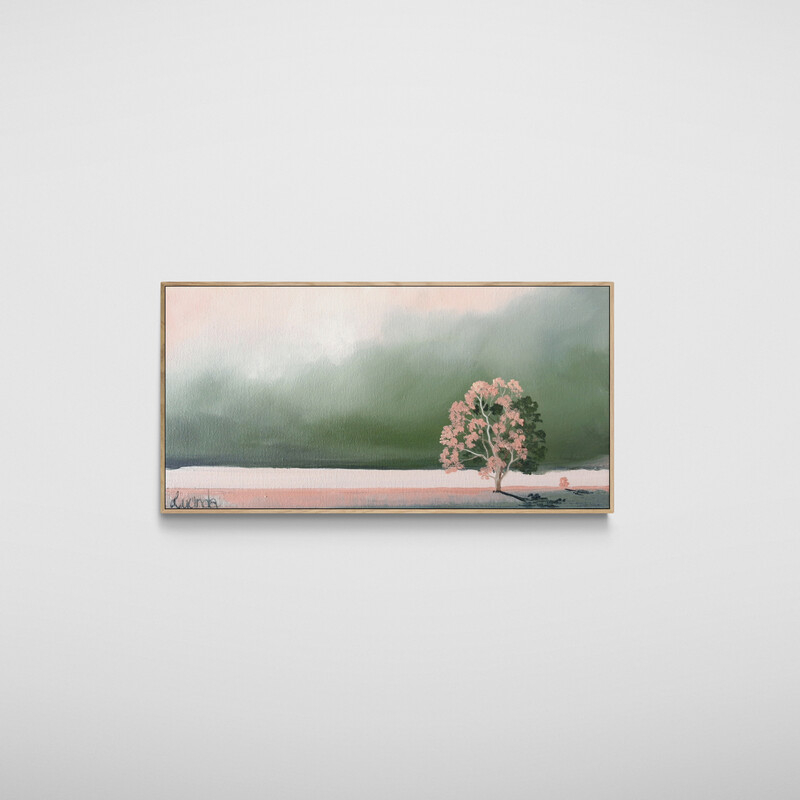 Atmospheric Australian tree landscape painting with open land and dramatic clouds