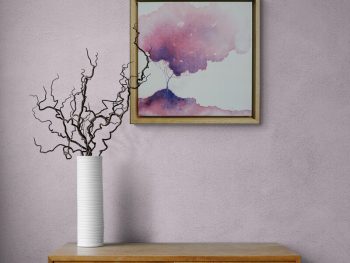 Atmospheric landscape painting with golden trees and dark storm sky by Australian artist Lucinda Leveille