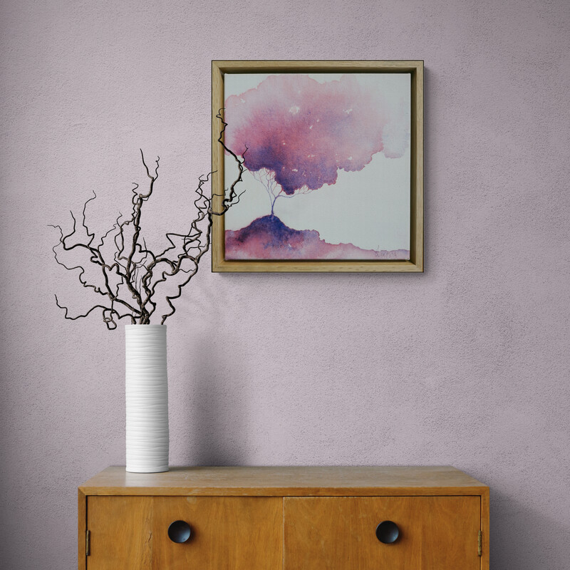 Atmospheric landscape painting with golden trees and dark storm sky by Australian artist Lucinda Leveille
