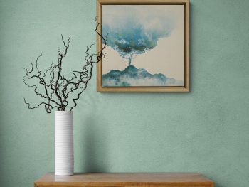 Atmospheric landscape painting with golden trees and dark storm sky by Australian artist Lucinda Leveille