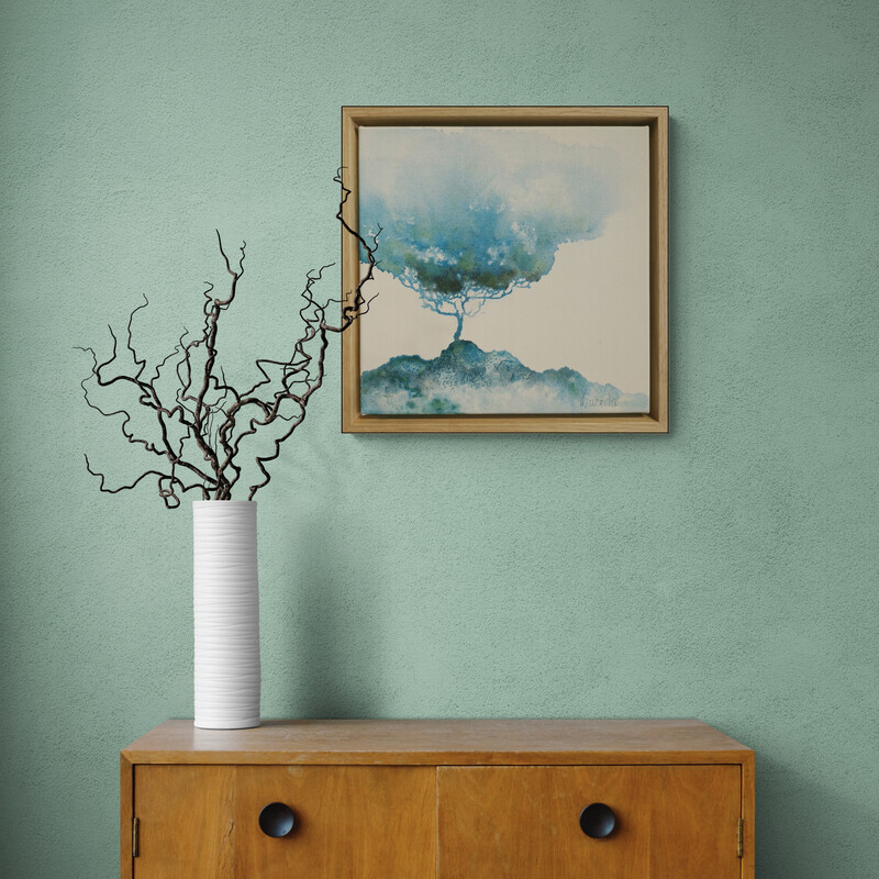 Atmospheric landscape painting with golden trees and dark storm sky by Australian artist Lucinda Leveille