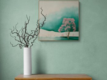 Atmospheric landscape painting with golden trees and dark storm sky by Australian artist Lucinda Leveille