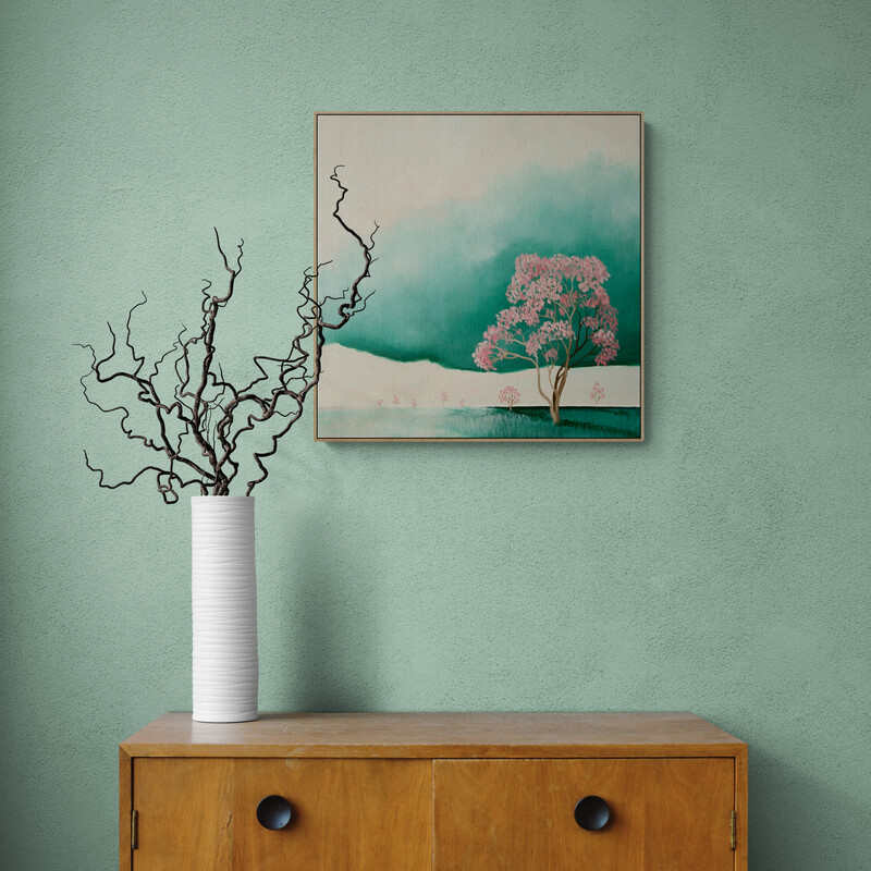 Atmospheric landscape painting with golden trees and dark storm sky by Australian artist Lucinda Leveille