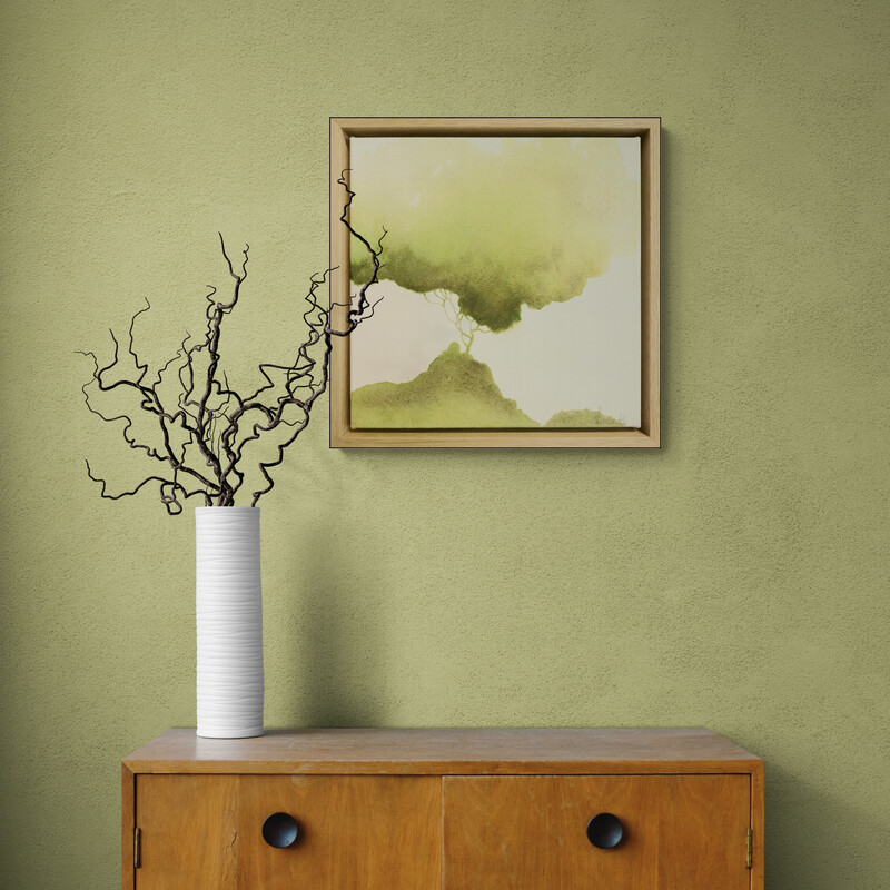 Atmospheric landscape painting with golden trees and dark storm sky by Australian artist Lucinda Leveille