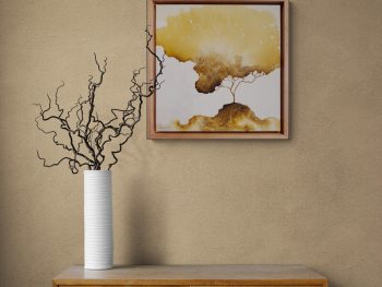 Atmospheric landscape painting with golden trees and dark storm sky by Australian artist Lucinda Leveille
