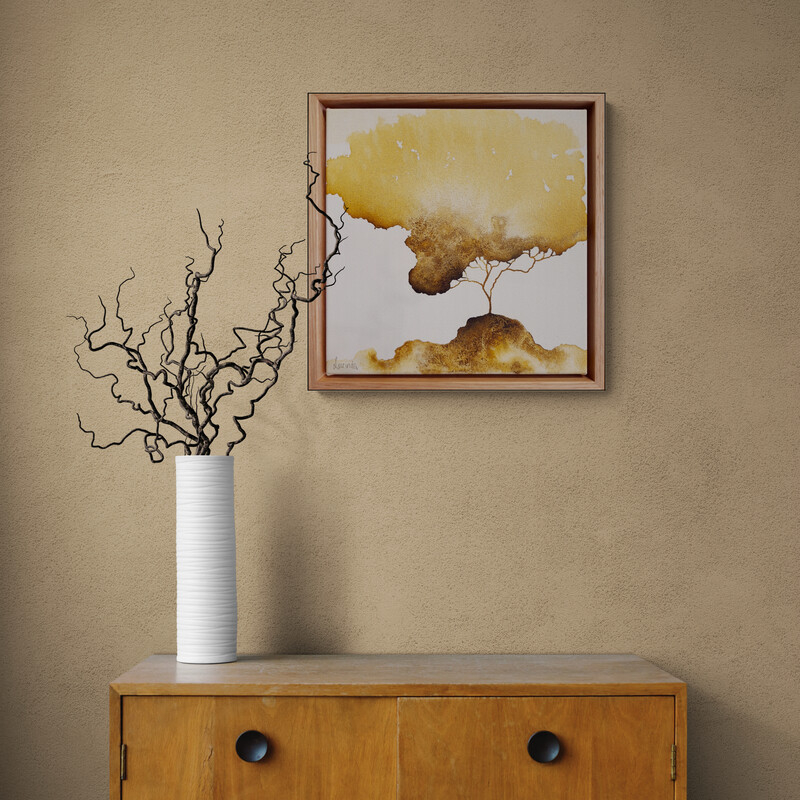 Atmospheric landscape painting with golden trees and dark storm sky by Australian artist Lucinda Leveille