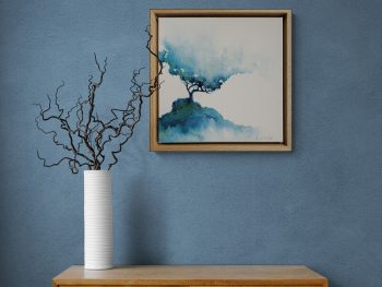 Atmospheric landscape painting with golden trees and dark storm sky by Australian artist Lucinda Leveille
