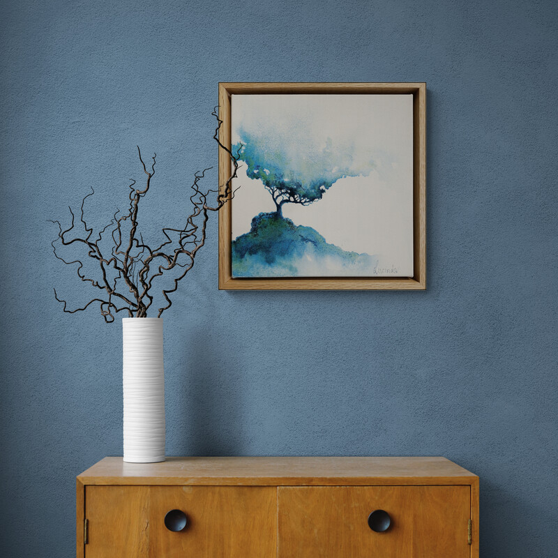 Atmospheric landscape painting with golden trees and dark storm sky by Australian artist Lucinda Leveille