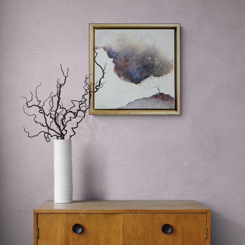 Atmospheric landscape painting with golden trees and dark storm sky by Australian artist Lucinda Leveille