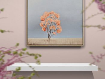 Atmospheric Australian landscape painting by Lucinda Leveille, coral flowering tree on open field, Affordable Art Fair Brisbane 2026 - insitu