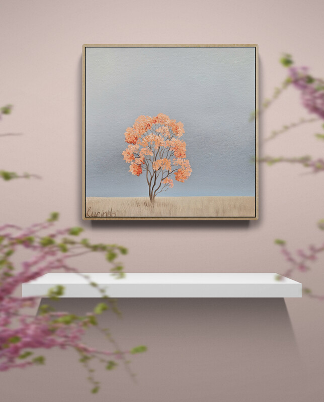 Atmospheric Australian landscape painting by Lucinda Leveille, coral flowering tree on open field, Affordable Art Fair Brisbane 2026 - insitu