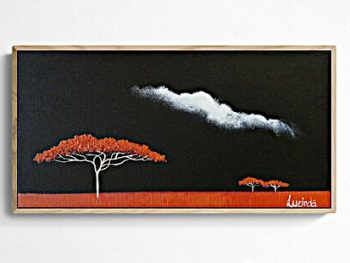 Atmospheric Australian landscape painting by Lucinda Leveille, night sky and red acacia tree, Affordable Art Fair Brisbane 2026