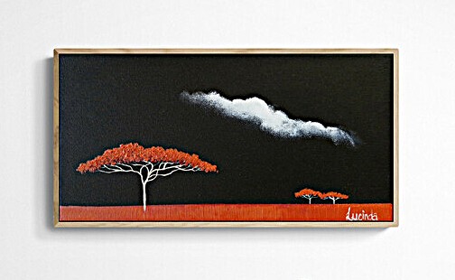 Atmospheric Australian landscape painting by Lucinda Leveille, night sky and red acacia tree, Affordable Art Fair Brisbane 2026