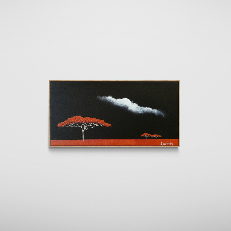 Atmospheric savanna landscape painting with a red tree, open land and moody sky
