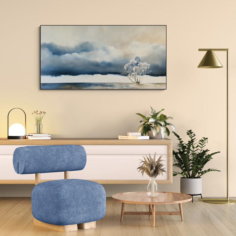 Original Australian atmospheric landscape oil painting featuring a dramatic sky with soft light breaking through layered clouds