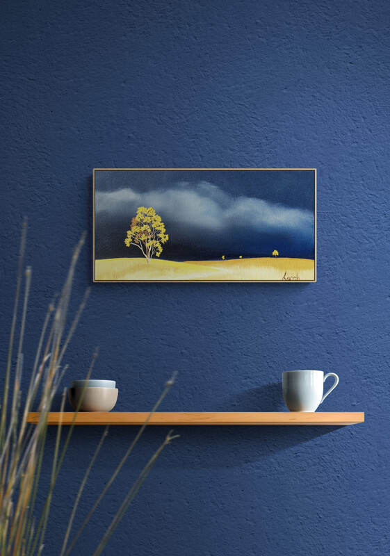 Atmospheric Australian landscape painting by Lucinda Leveille, gold tree standing on gold grasses, Affordable Art Fair Brisbane 2026 - insitu