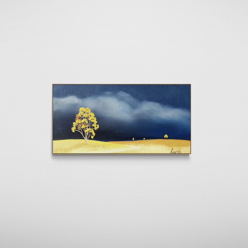 Atmospheric Australian tree landscape painting with open land and dramatic clouds