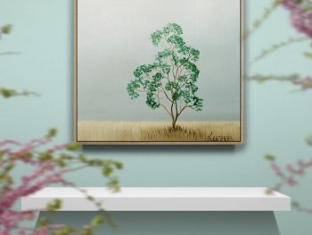 Atmospheric Australian landscape painting by Lucinda Leveille, green flowering tree on open field, Affordable Art Fair Brisbane 2026 - insitu