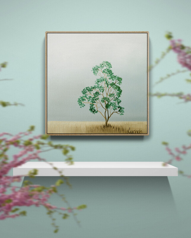 Atmospheric Australian landscape painting by Lucinda Leveille, green flowering tree on open field, Affordable Art Fair Brisbane 2026 - insitu