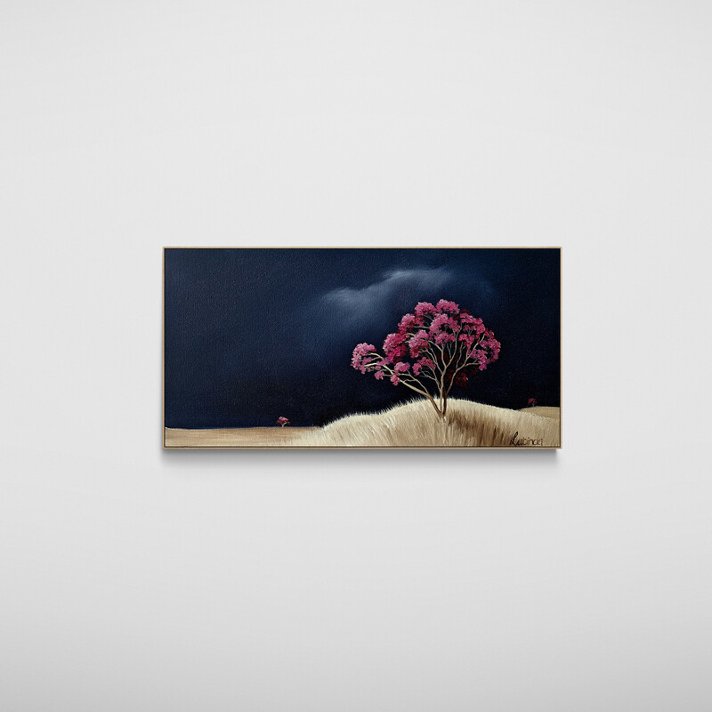 Atmospheric Australian tree landscape painting with open land and dramatic clouds