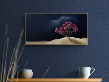 Atmospheric Australian landscape painting by Lucinda Leveille, magenta flowering tree on highlighted hill, Affordable Art Fair Brisbane 2026 - insitu