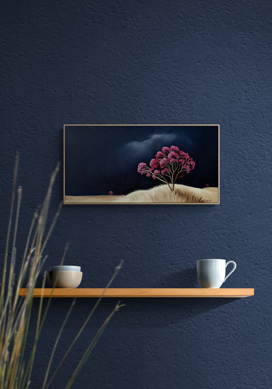 Atmospheric Australian landscape painting by Lucinda Leveille, magenta flowering tree on highlighted hill, Affordable Art Fair Brisbane 2026 - insitu