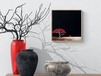 Original Australian landscape oil painting by Lucinda Leveille featuring a single red tree with white branches against a dark sky, minimal horizon and textured earth, framed in a natural oak floating frame.