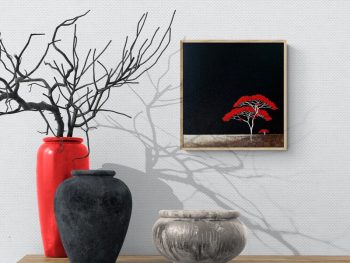Original Australian landscape oil painting by Lucinda Leveille featuring two red trees with white branches against a dark sky and minimal textured ground, framed in a natural oak floating frame.