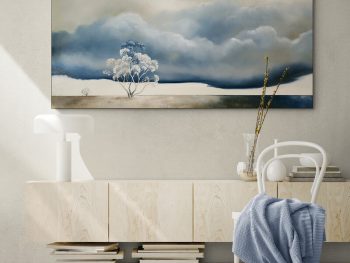 Original Australian atmospheric landscape oil painting featuring a dramatic sky with soft light breaking through layered clouds